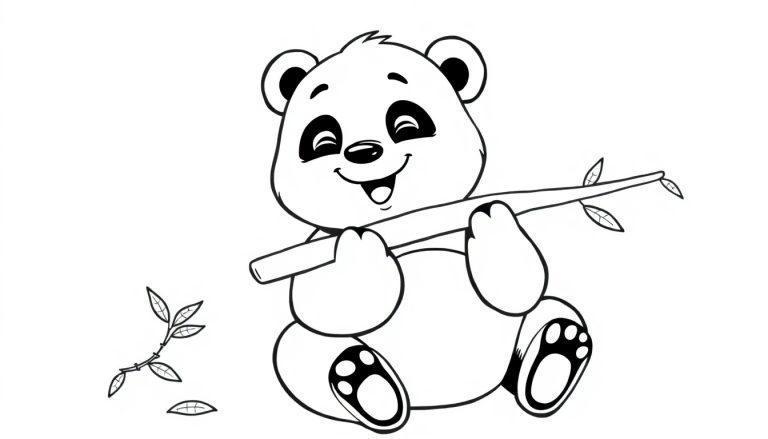 Schwarz-weiße Farbtafel eines niedlichen Cartoon-Pandas, der einen Bambuszweig hält.