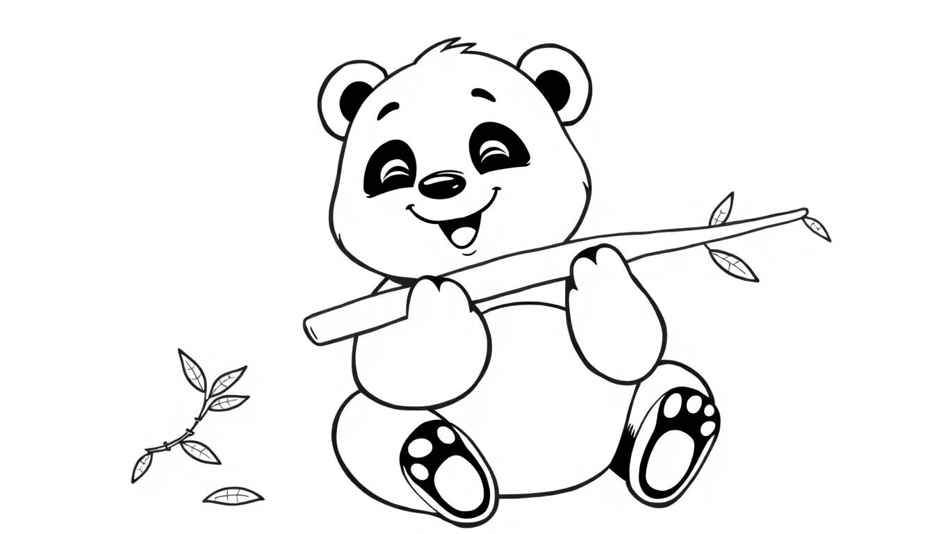Schwarz-weiße Farbtafel eines niedlichen Cartoon-Pandas, der einen Bambuszweig hält.