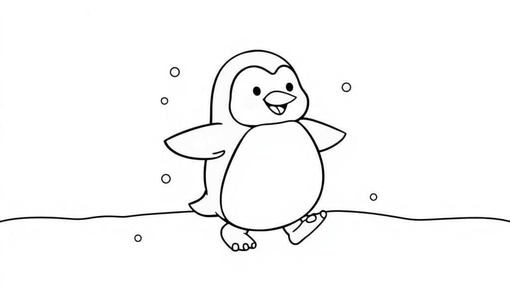 Eine Schwarz-Weiß-Farbtafel eines niedlichen Cartoon-Pinguins im Schnee mit Schneeflocken.