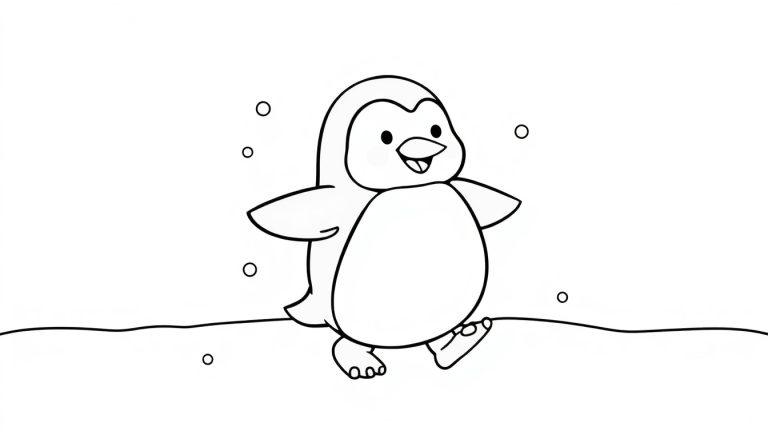 Eine Schwarz-Weiß-Farbtafel eines niedlichen Cartoon-Pinguins im Schnee mit Schneeflocken.