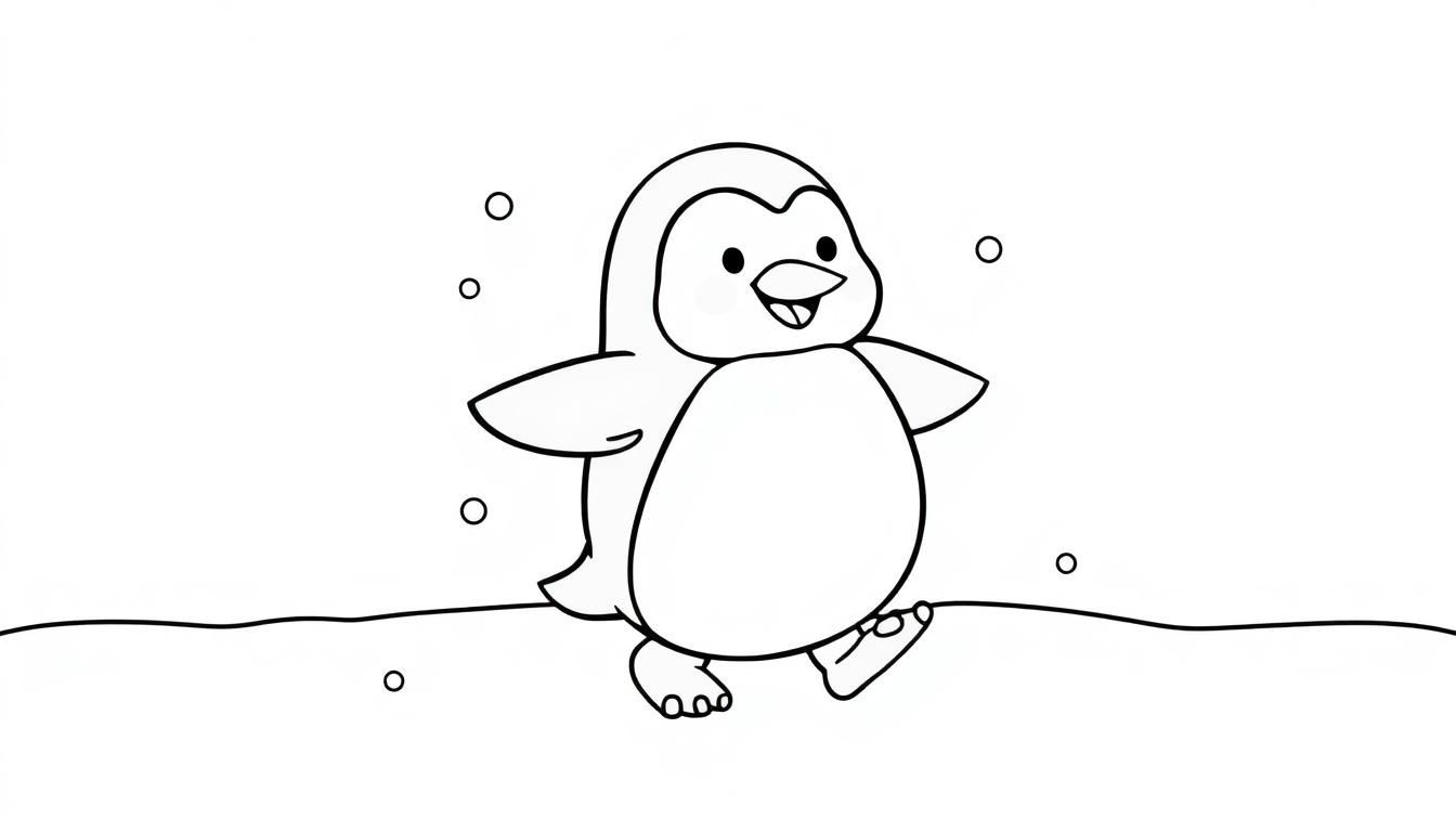 Eine Schwarz-Weiß-Farbtafel eines niedlichen Cartoon-Pinguins im Schnee mit Schneeflocken.