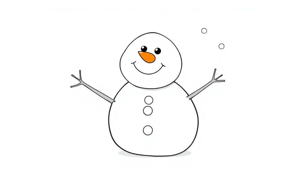 Ein süßer Schneemann mit Karottennase und Knöpfen, bereit zum Ausmalen als Farbtafel.