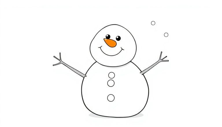 Ein süßer Schneemann mit Karottennase und Knöpfen, bereit zum Ausmalen als Farbtafel.
