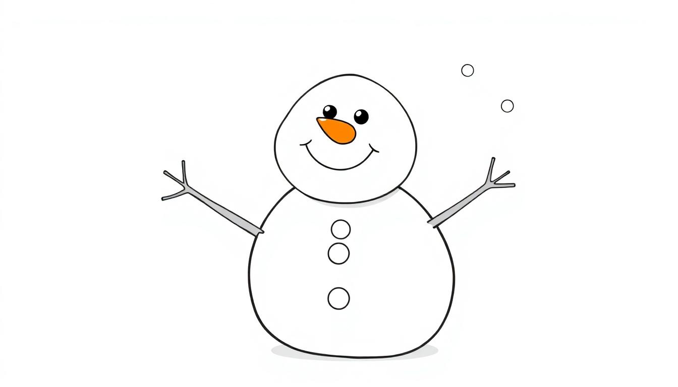 Ein süßer Schneemann mit Karottennase und Knöpfen, bereit zum Ausmalen als Farbtafel.