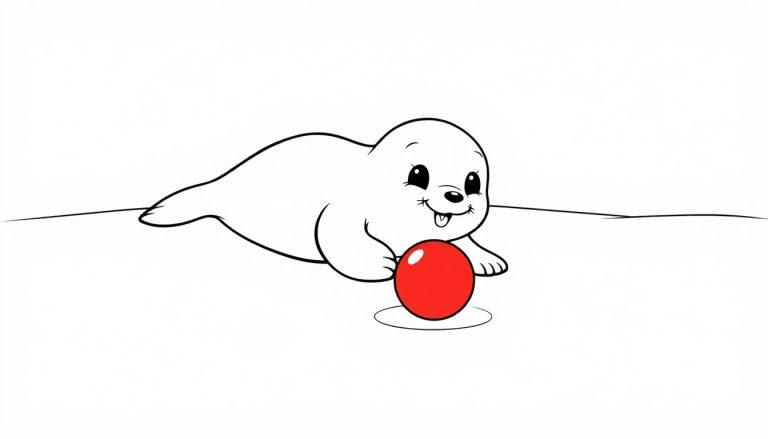 Niedliche schwarz-weiße Cartoon-Seehund-Farbtafel, der mit einem schwebenden roten Ball spielt.