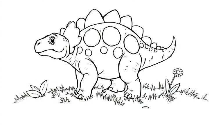 Schwarz-weiße Farbtafel-Zeichnung eines freundlichen Stegosaurus in einer Graslandschaft mit Blumen.