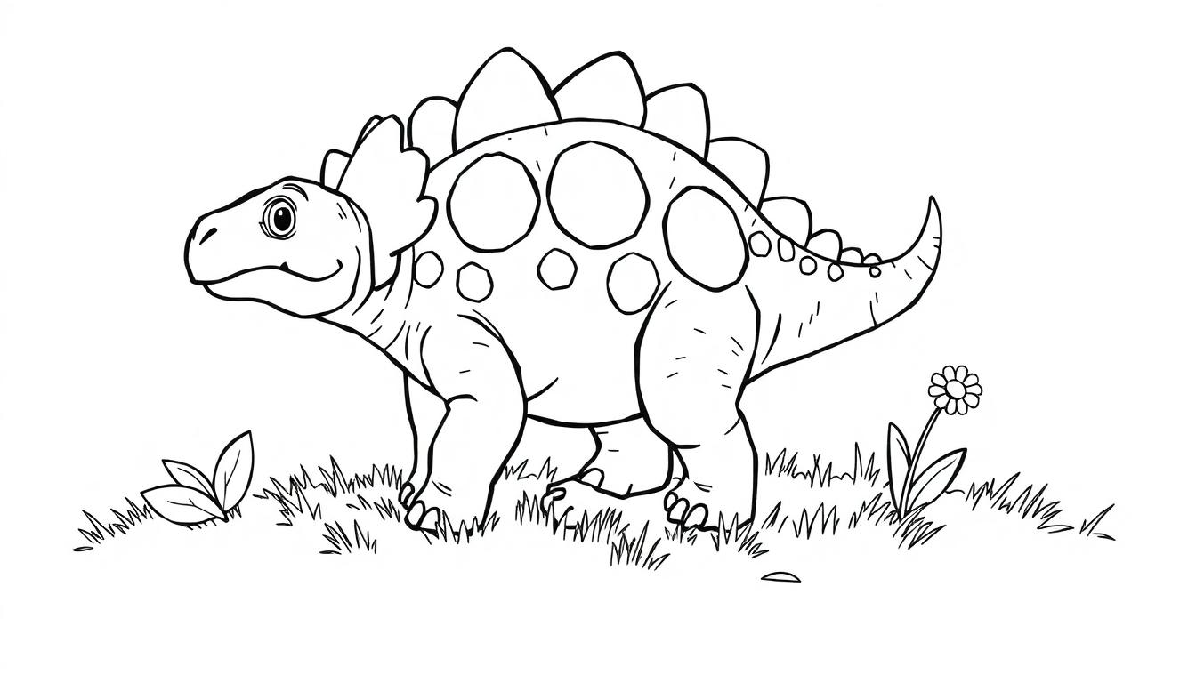 Schwarz-weiße Farbtafel-Zeichnung eines freundlichen Stegosaurus in einer Graslandschaft mit Blumen.