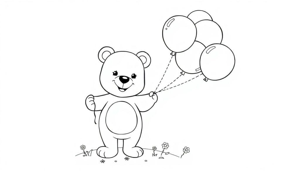 Schwarz-weiß Farbtafel-Illustration eines niedlichen Teddybären, der eine Reihe von bunten Luftballons hält.