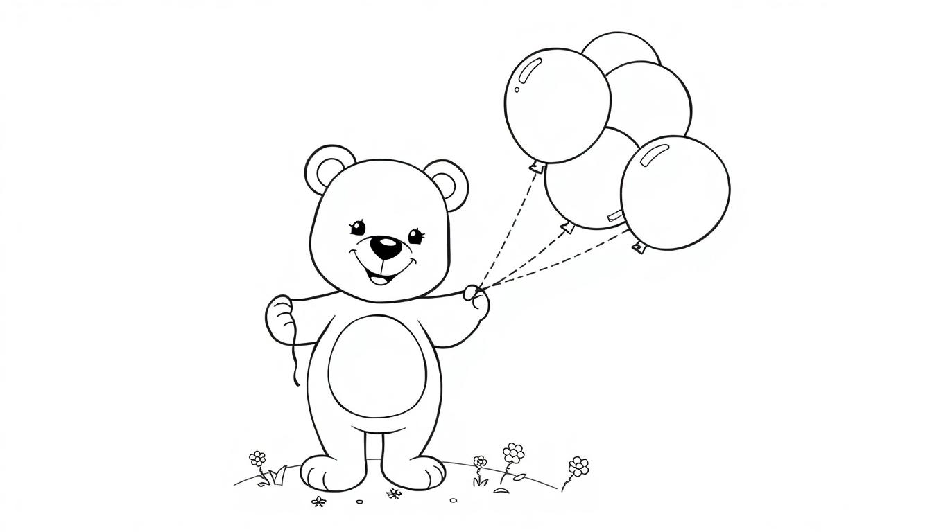 Schwarz-weiß Farbtafel-Illustration eines niedlichen Teddybären, der eine Reihe von bunten Luftballons hält.