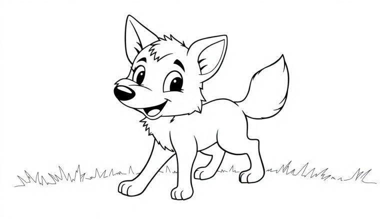 Schwarz-weiß Malvorlage eines niedlichen Cartoon-Wolfswelpen mit großen Ohren, der fröhlich auf einer Grasebene steht.