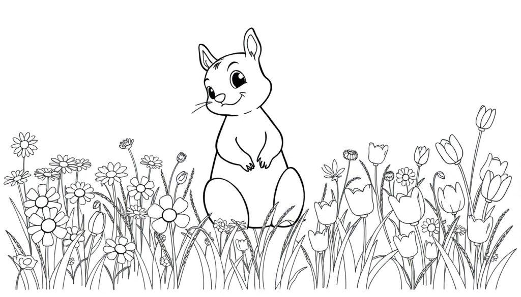 Eine Schwarz-Weiß-Farbtafel eines niedlichen, lächelnden Eichhörnchens mit gefalteten Vorderpfoten, das auf seinen Hinterbeinen in einem Feld mit Gänseblümchen und Tulpen sitzt.