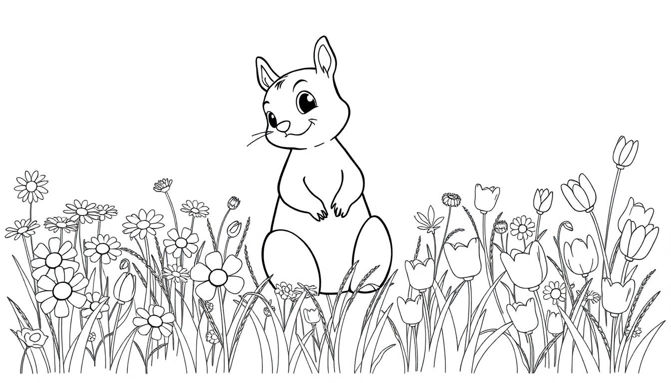 Eine Schwarz-Weiß-Farbtafel eines niedlichen, lächelnden Eichhörnchens mit gefalteten Vorderpfoten, das auf seinen Hinterbeinen in einem Feld mit Gänseblümchen und Tulpen sitzt.