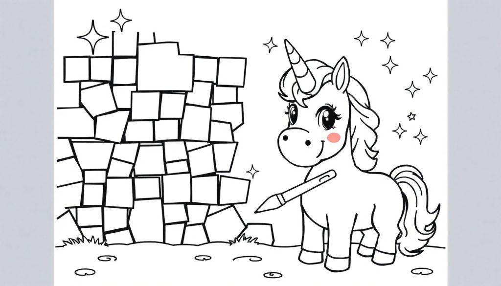 Malvorlage eines Cartoon-Einhorns mit einem Horn und einem buschigen Schwanz, das vor einer Steinmauer steht und mit Sternen verziert ist.