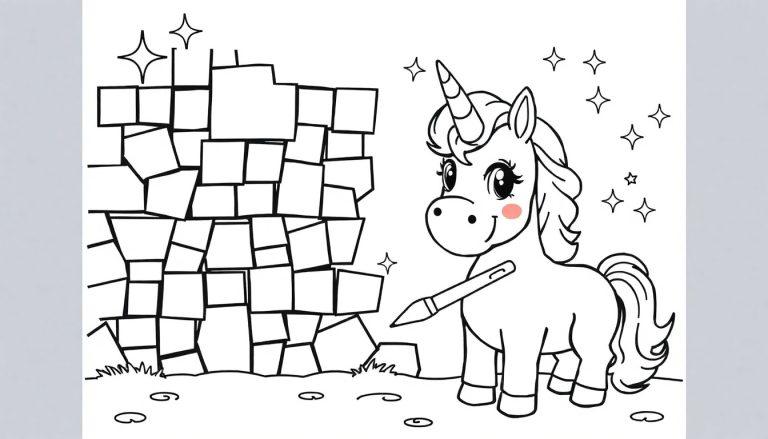 Malvorlage eines Cartoon-Einhorns mit einem Horn und einem buschigen Schwanz, das vor einer Steinmauer steht und mit Sternen verziert ist.