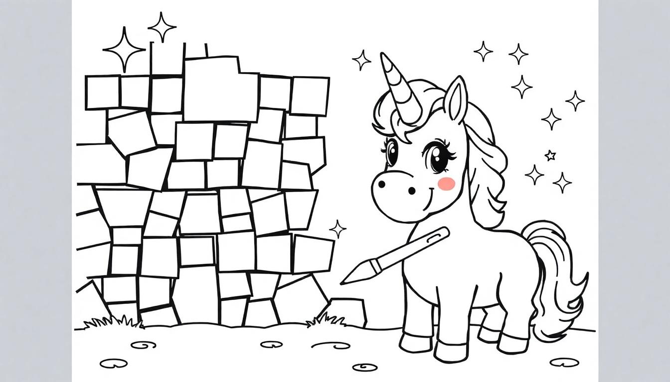 Malvorlage eines Cartoon-Einhorns mit einem Horn und einem buschigen Schwanz, das vor einer Steinmauer steht und mit Sternen verziert ist.