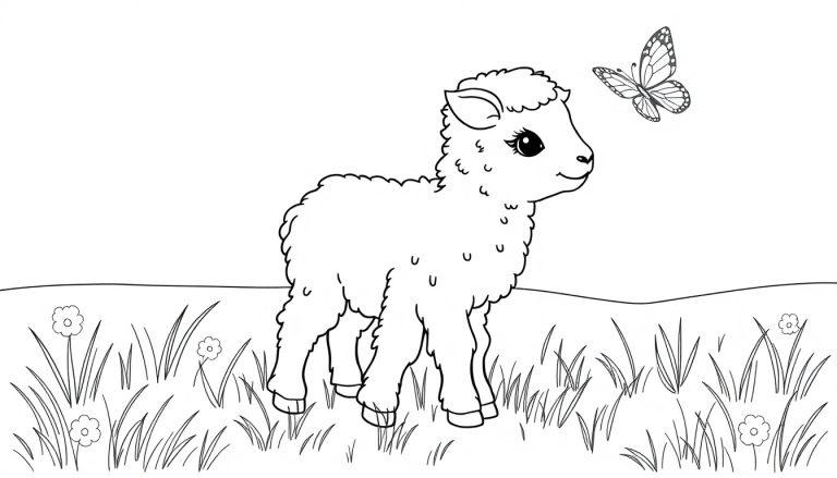 Ein Schwarz-Weiß-Ausmalbild eines niedlichen Lamms mit lockerem Fell und großen Augen auf einer Wiese mit Blumen und einem Schmetterling. Eine Farbtafel für Kinder.