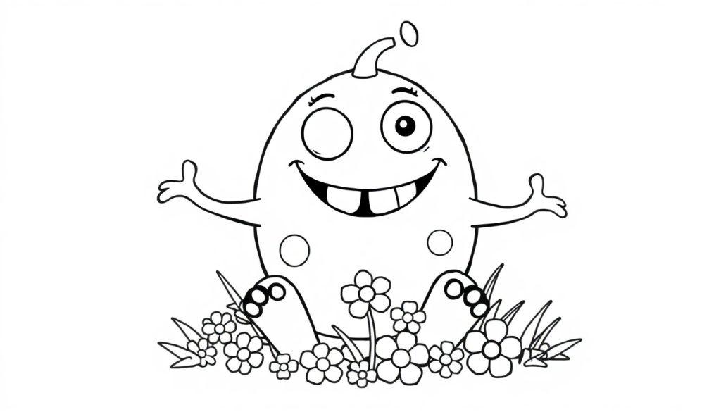 Eine schwarz-weiße Farbtafel-Zeichnung eines niedlichen Monsters mit einem Augenzwinkern und einem Lächeln, das in einer Blumenwiese sitzt.