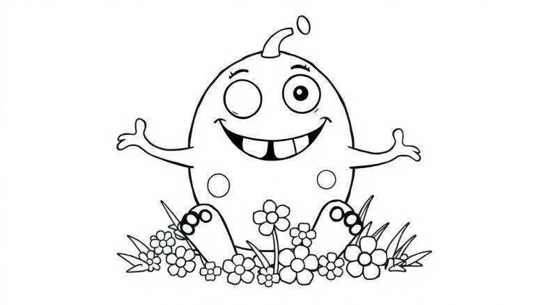 Eine schwarz-weiße Farbtafel-Zeichnung eines niedlichen Monsters mit einem Augenzwinkern und einem Lächeln, das in einer Blumenwiese sitzt.
