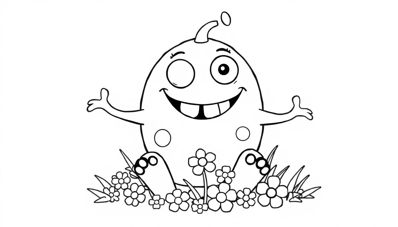 Eine schwarz-weiße Farbtafel-Zeichnung eines niedlichen Monsters mit einem Augenzwinkern und einem Lächeln, das in einer Blumenwiese sitzt.