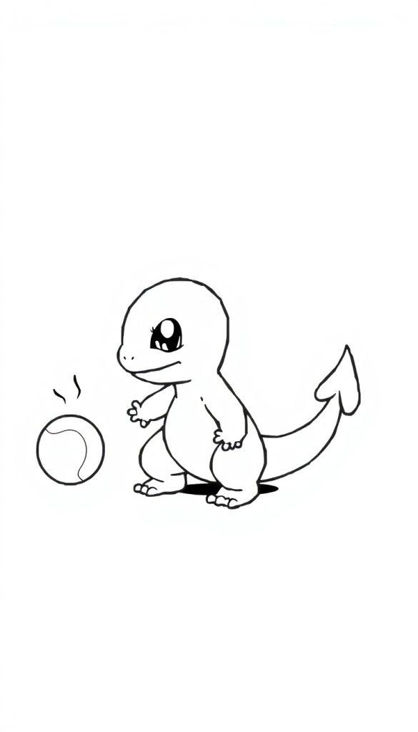 Eine Schwarz-Weiß-Zeichnung eines kleinen, reptilienartigen Pokémon-Babys mit einem runden Kopf, großen Augen, einer kleinen Schnauze und einem geschwungenen Schwanz, das auf seinen Hinterbeinen steht und vor sich einen Ball mit Dampflinien hält.