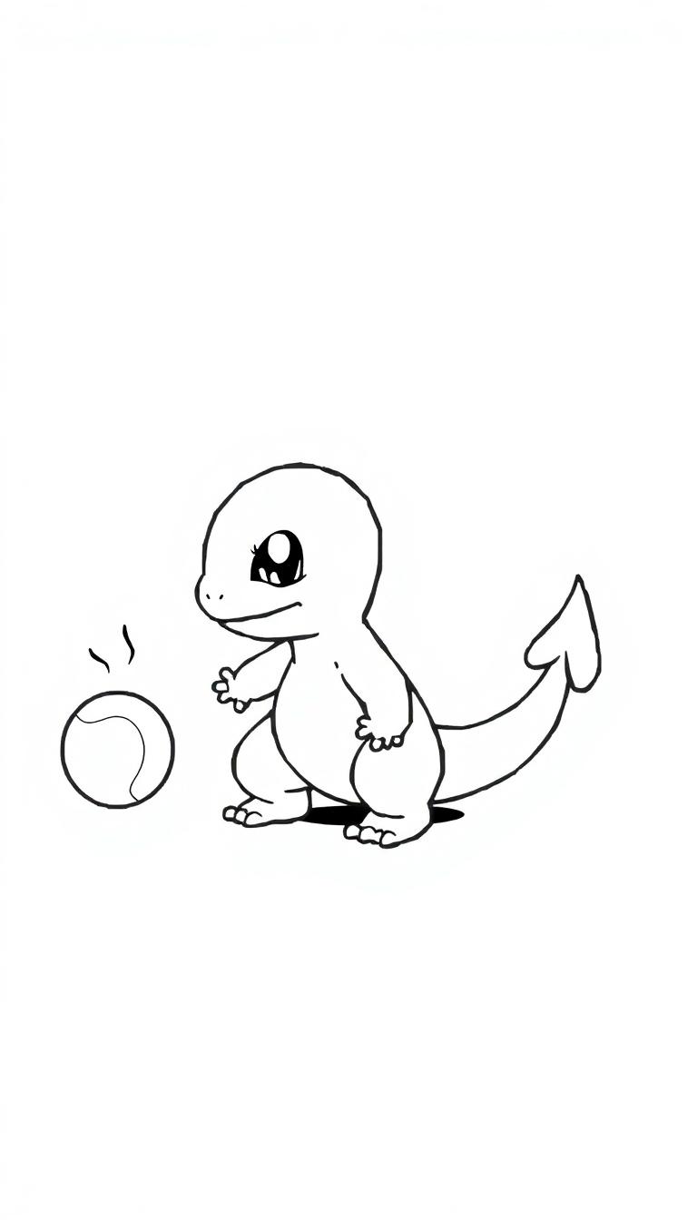 Eine Schwarz-Weiß-Zeichnung eines kleinen, reptilienartigen Pokémon-Babys mit einem runden Kopf, großen Augen, einer kleinen Schnauze und einem geschwungenen Schwanz, das auf seinen Hinterbeinen steht und vor sich einen Ball mit Dampflinien hält.