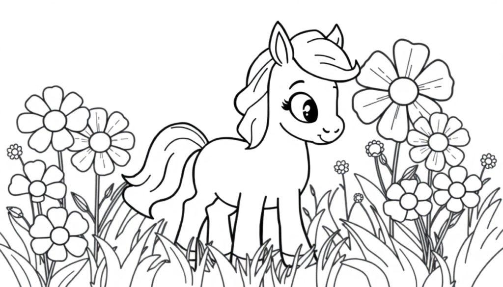 Schwarz-Weiß-Farbtafel: Ein niedliches Cartoon-Pony steht auf einer blühenden Wiese.