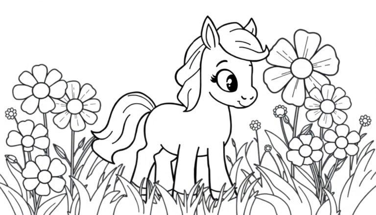 Schwarz-Weiß-Farbtafel: Ein niedliches Cartoon-Pony steht auf einer blühenden Wiese.