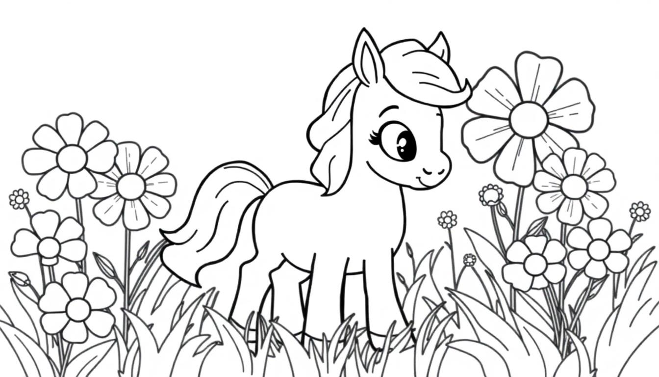 Schwarz-Weiß-Farbtafel: Ein niedliches Cartoon-Pony steht auf einer blühenden Wiese.