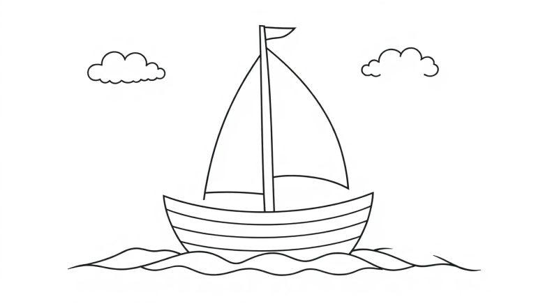 Schwarz-Weiß-Farbtafel eines Segelboots auf dem Wasser mit zwei Wolken im Himmel.