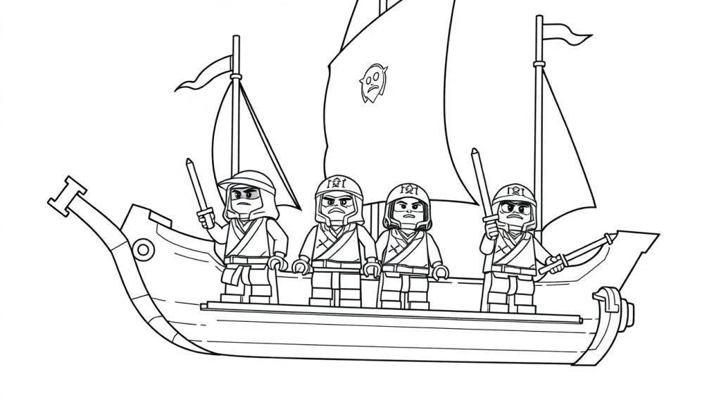 Vier Ninjago-Krieger auf einem fliegenden Schiff mit zwei Masten und Segeln.