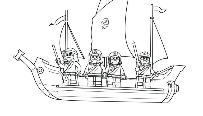 Vier Ninjago-Krieger auf einem fliegenden Schiff mit zwei Masten und Segeln.