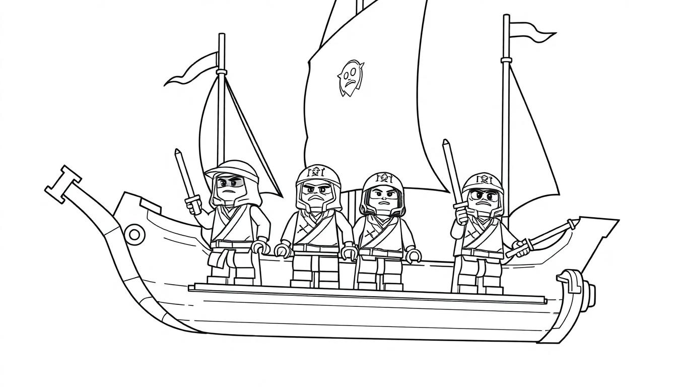 Vier Ninjago-Krieger auf einem fliegenden Schiff mit zwei Masten und Segeln.