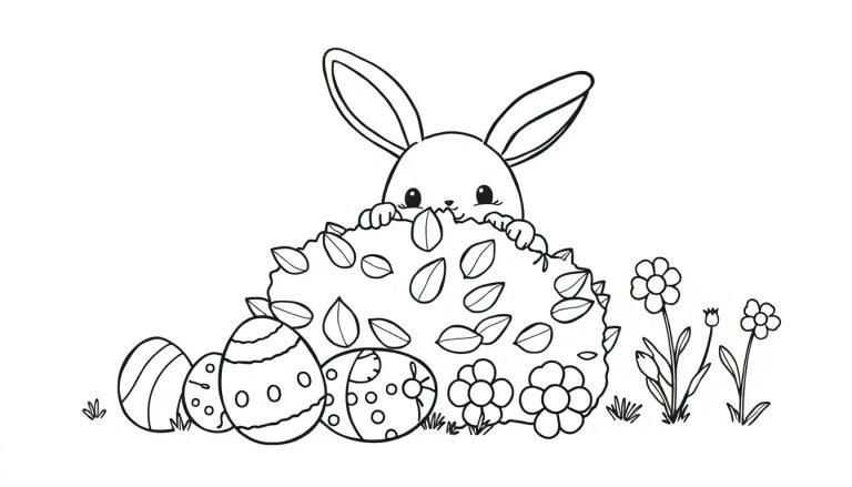 Schwarz-weiße Farbtafel eines niedlichen Osterhasen, der hinter einem Busch mit Blättern hervorschaut und bunte Ostereier vor sich versteckt.