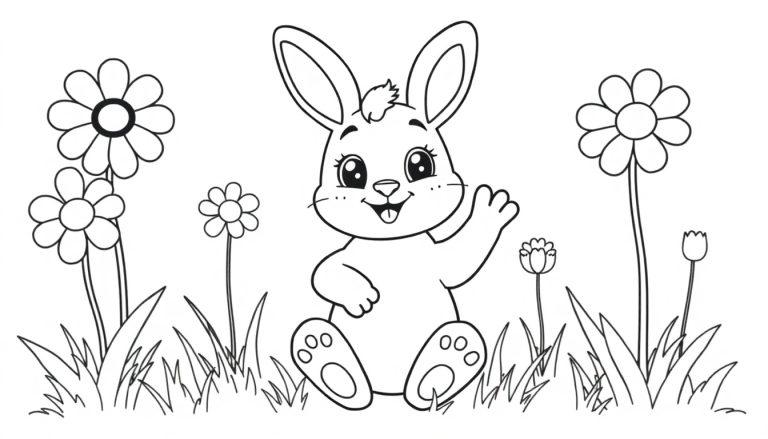 Schwarz-Weiß-Farbtafel eines Cartoon-Osterhasen mit großen Augen und langen Ohren, der in einem Blumengarten sitzt und winkt.