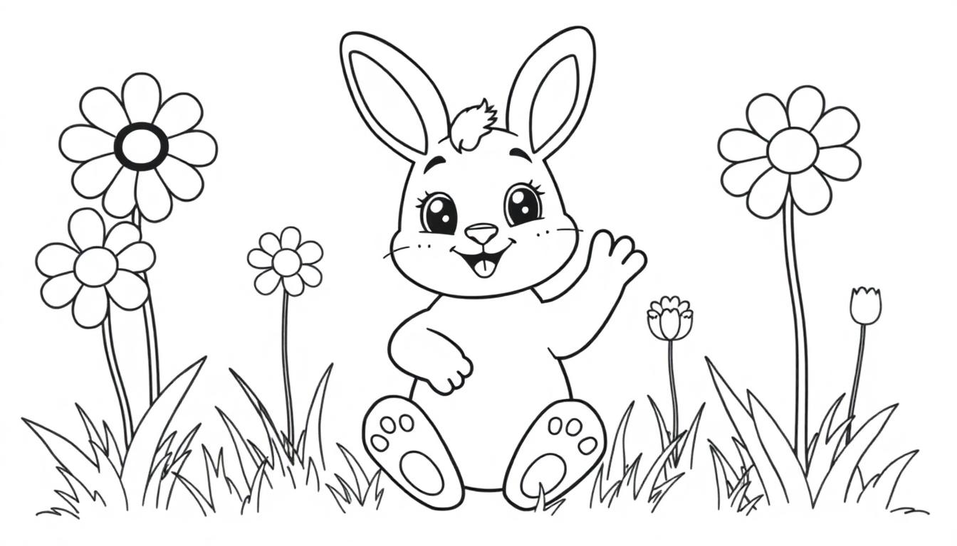 Schwarz-Weiß-Farbtafel eines Cartoon-Osterhasen mit großen Augen und langen Ohren, der in einem Blumengarten sitzt und winkt.
