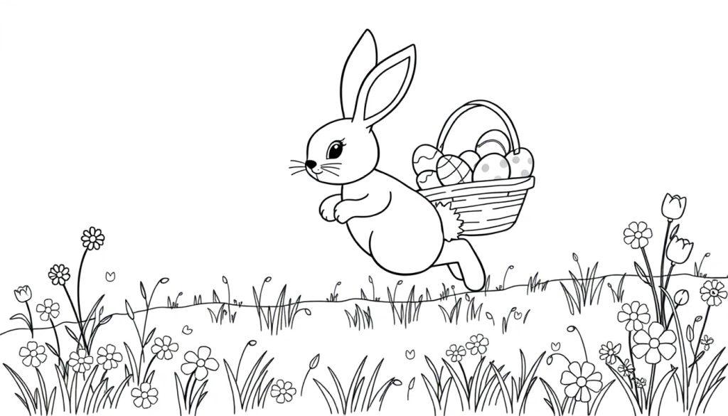 Schwarz-weiße Farbtafel eines niedlichen Comic-Osterhasen mit langen Ohren und einem Korb voller Eier auf einer Blumenwiese.