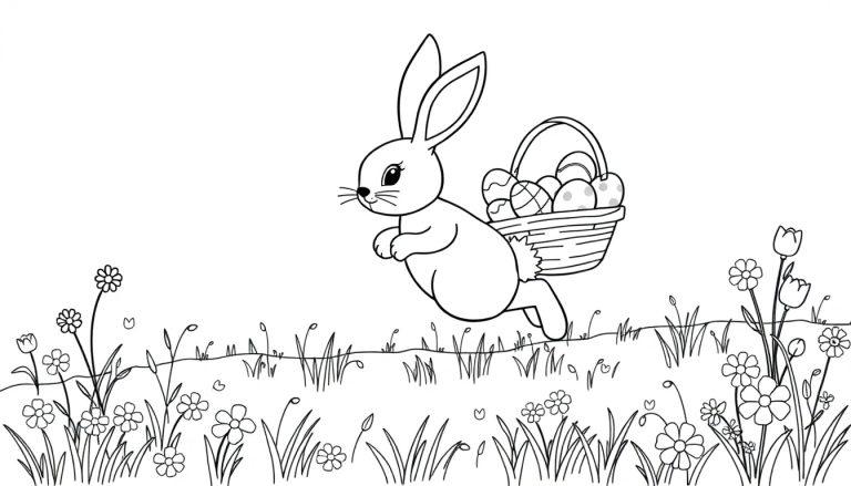 Schwarz-weiße Farbtafel eines niedlichen Comic-Osterhasen mit langen Ohren und einem Korb voller Eier auf einer Blumenwiese.