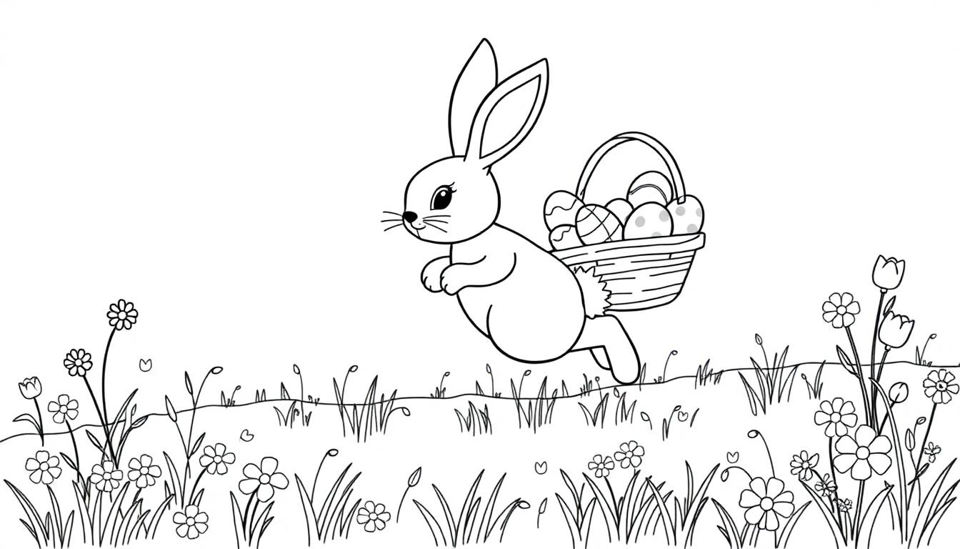 Schwarz-weiße Farbtafel eines niedlichen Comic-Osterhasen mit langen Ohren und einem Korb voller Eier auf einer Blumenwiese.