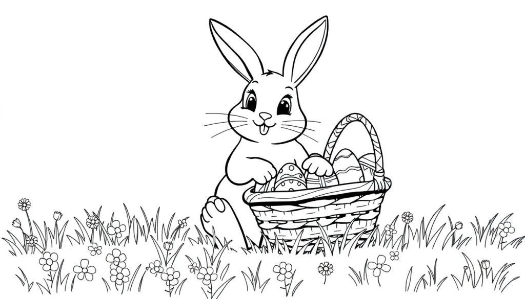 Eine schwarz-weiße Strichzeichnung eines niedlichen Cartoon-Hasen, der einen Korb mit Ostereiern umarmt, mit Gras und Blumen im Hintergrund – eine Farbtafel zum Ausmalen.