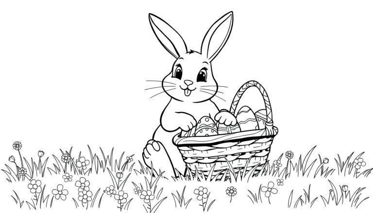 Eine schwarz-weiße Strichzeichnung eines niedlichen Cartoon-Hasen, der einen Korb mit Ostereiern umarmt, mit Gras und Blumen im Hintergrund – eine Farbtafel zum Ausmalen.