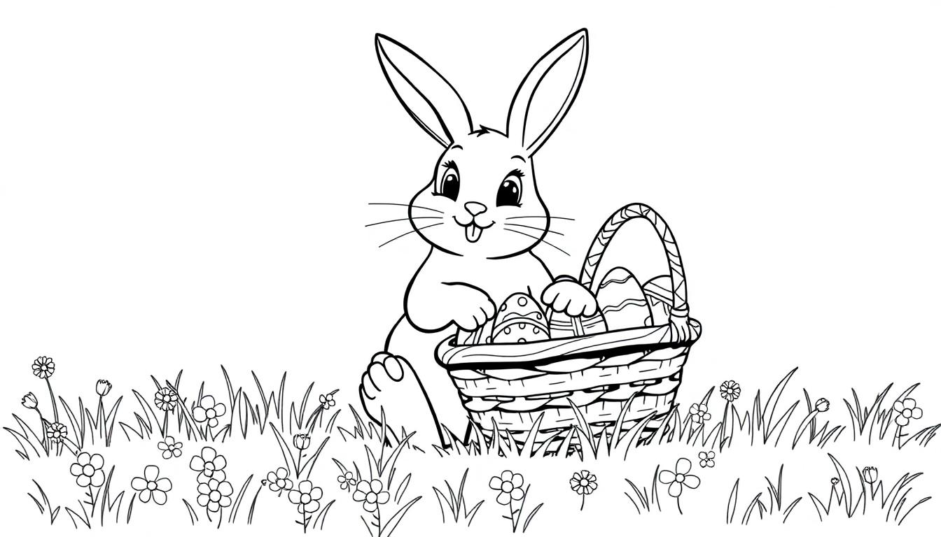 Eine schwarz-weiße Strichzeichnung eines niedlichen Cartoon-Hasen, der einen Korb mit Ostereiern umarmt, mit Gras und Blumen im Hintergrund – eine Farbtafel zum Ausmalen.