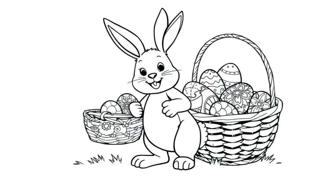 Eine Schwarz-Weiß-Farbtafel eines freundlichen Osterhasen mit großen Ohren, der einen kleinen Korb mit Ostereiern hält, neben einem größeren, gefüllten Korb.