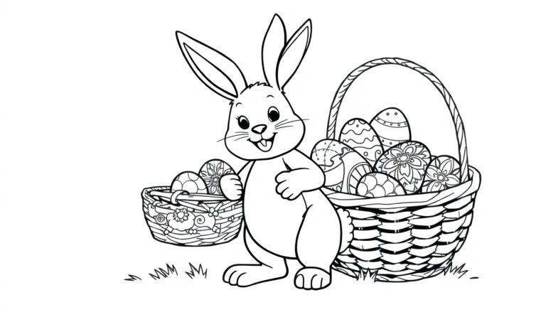 Eine Schwarz-Weiß-Farbtafel eines freundlichen Osterhasen mit großen Ohren, der einen kleinen Korb mit Ostereiern hält, neben einem größeren, gefüllten Korb.
