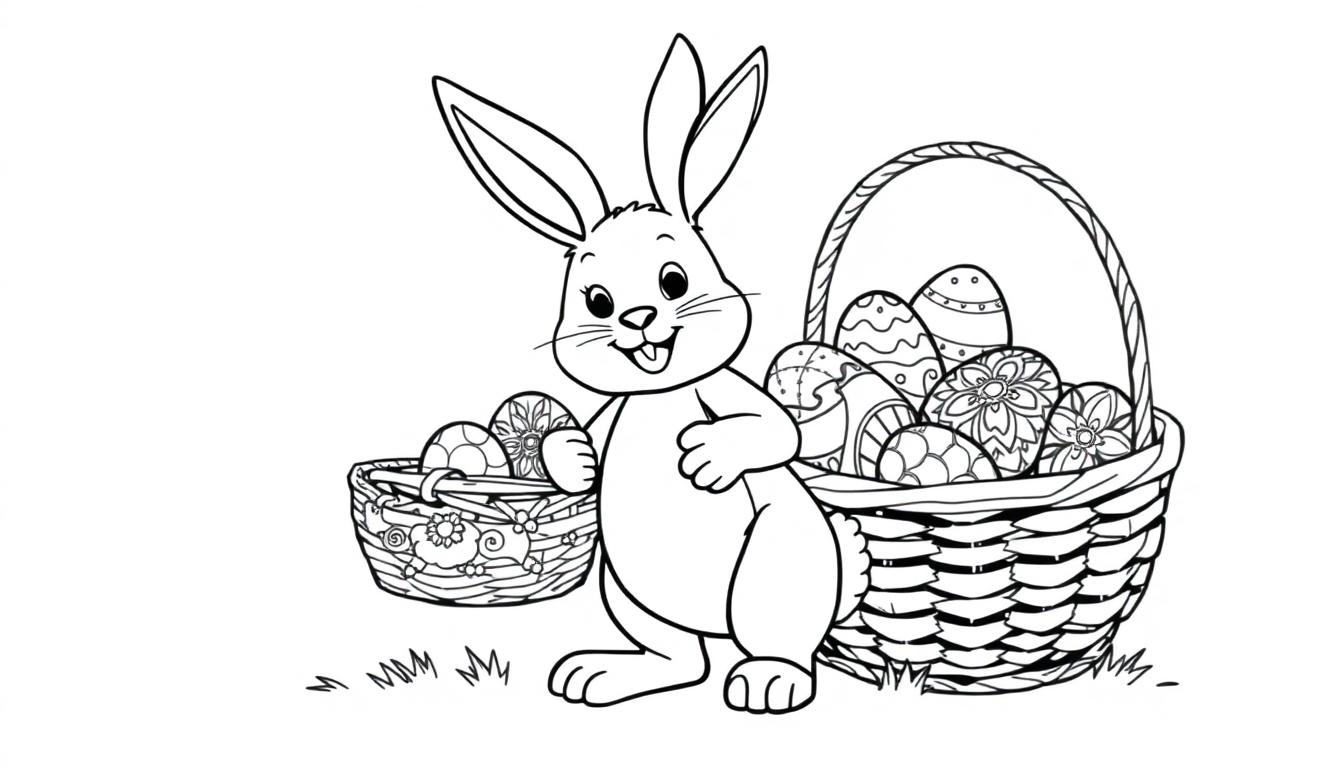 Eine Schwarz-Weiß-Farbtafel eines freundlichen Osterhasen mit großen Ohren, der einen kleinen Korb mit Ostereiern hält, neben einem größeren, gefüllten Korb.