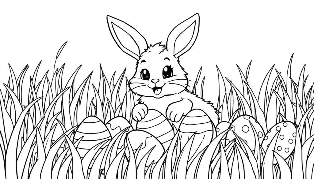 Schwarz-weiße Farbtafel eines Cartoon-Osterhasen, der Ostereier in hohem Gras umarmt.