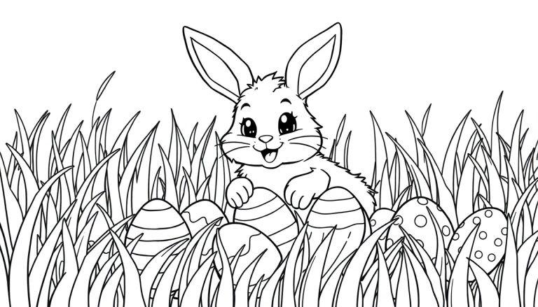 Schwarz-weiße Farbtafel eines Cartoon-Osterhasen, der Ostereier in hohem Gras umarmt.