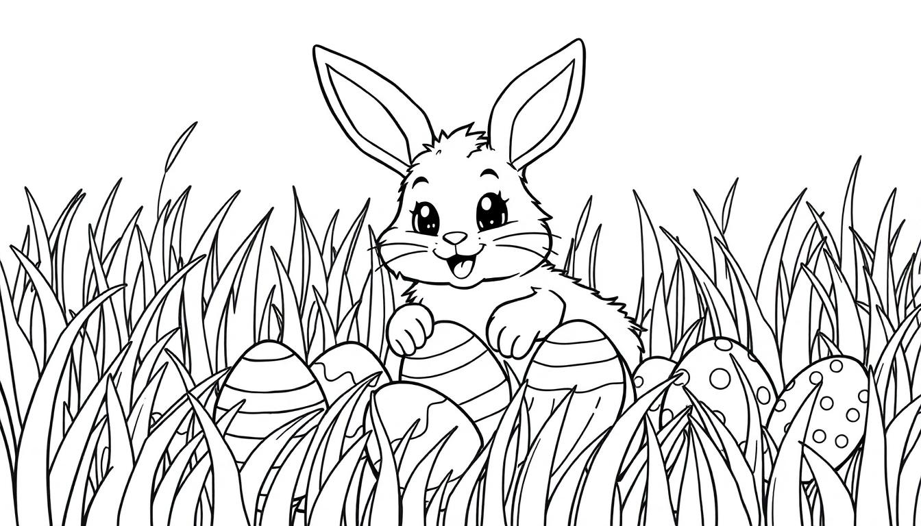 Schwarz-weiße Farbtafel eines Cartoon-Osterhasen, der Ostereier in hohem Gras umarmt.