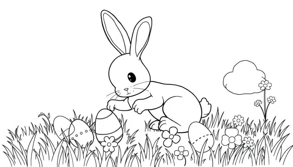 Ein niedlicher Osterhase auf einer Wiese mit Ostereiern, bereit zum Ausmalen: Farbtafel für Kinder.