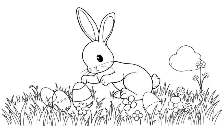 Ein niedlicher Osterhase auf einer Wiese mit Ostereiern, bereit zum Ausmalen: Farbtafel für Kinder.