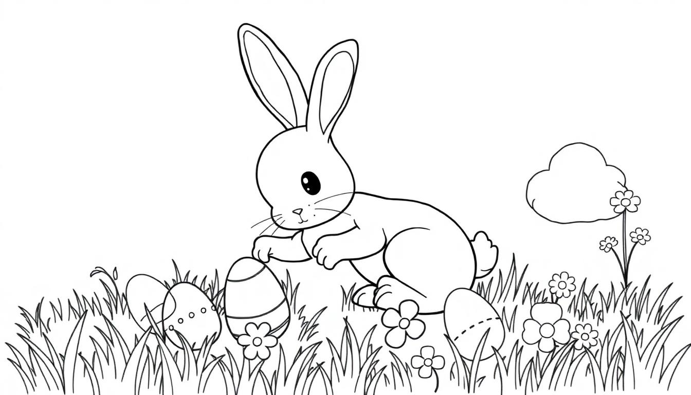 Ein niedlicher Osterhase auf einer Wiese mit Ostereiern, bereit zum Ausmalen: Farbtafel für Kinder.
